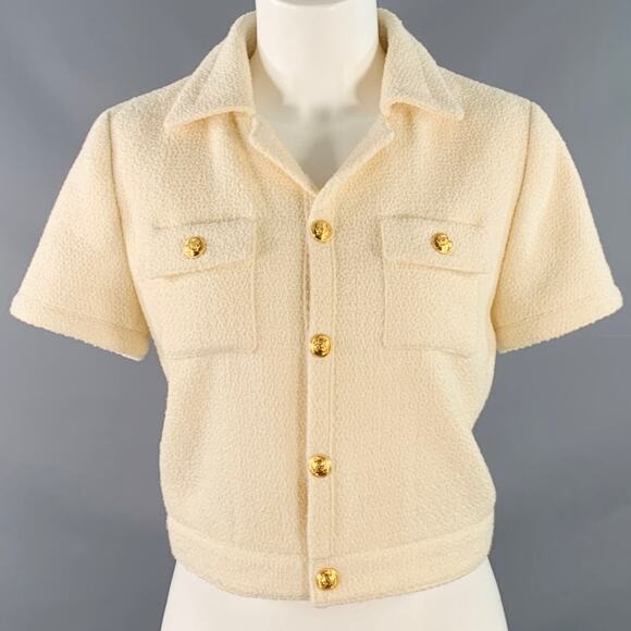CELINE Size 8 Cream Gold Wool Blend Short Sleeve Jacket Blazer - Picture 1 of 9